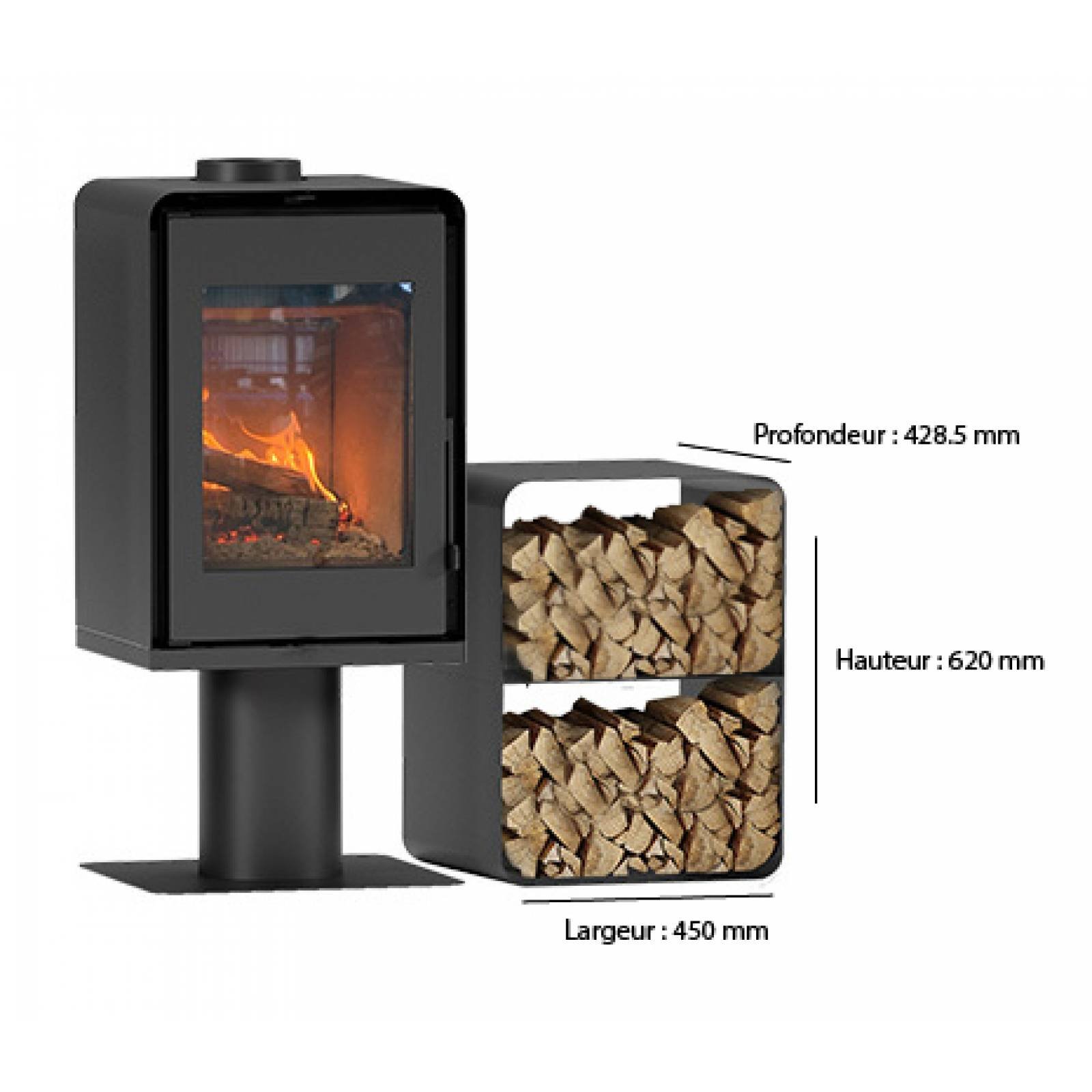 Poêle à bois Domino avec pied et range bûches 3 étages 7.5kW